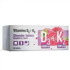 Vitamīni D3+K2, 30 košļājamas tabletes